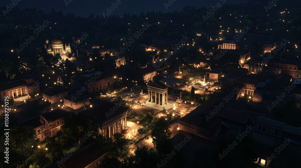 Rome isometric landscape with antique building vector night cartoon game background. Capitol temple and basilica with square, roman forum, taberna and insula, castra ancient military camp in dark Rome isometric landscape with antique building vector night cartoon game background. Capitol temple and basilica with square, roman forum, taberna and insula, castra ancient military camp in dark