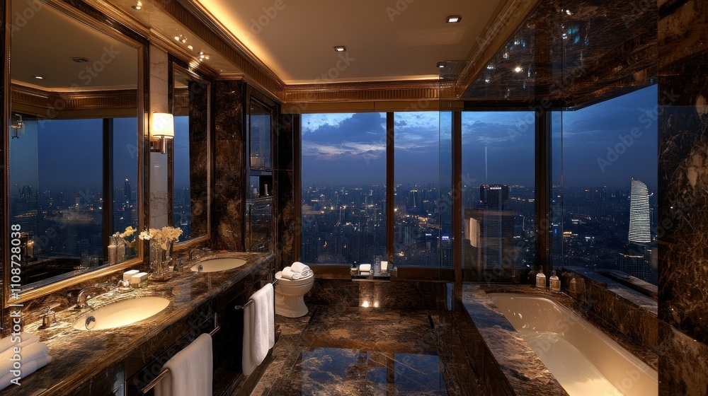 Fototapeta premium High-end luxury hotel bathroom, marble finish, large mirrors, open shower with city view,