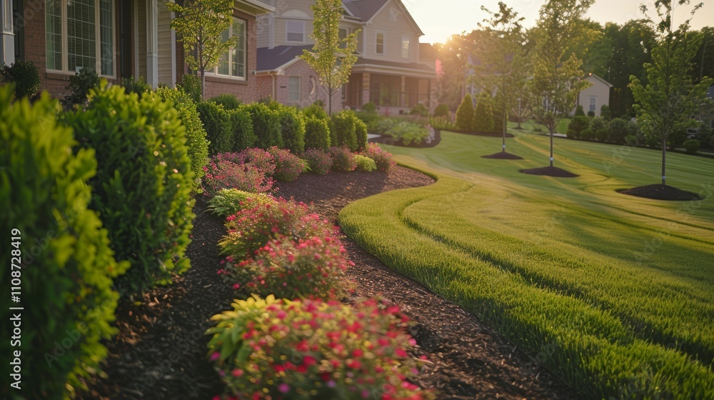 Obraz premium Beautifully manicured lawn and flowerbed with shrubs in sunny residential backyard setting