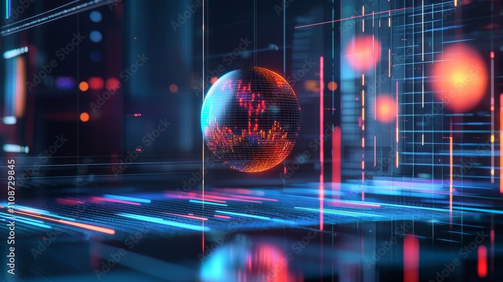 Obraz premium A futuristic digital representation of a globe surrounded by glowing data streams and grids, symbolizing technology and global connectivity.