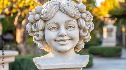 Charming decorative stone bust of a smiling girl outdoor garden setting sculpture art peaceful atmosphere close-up view