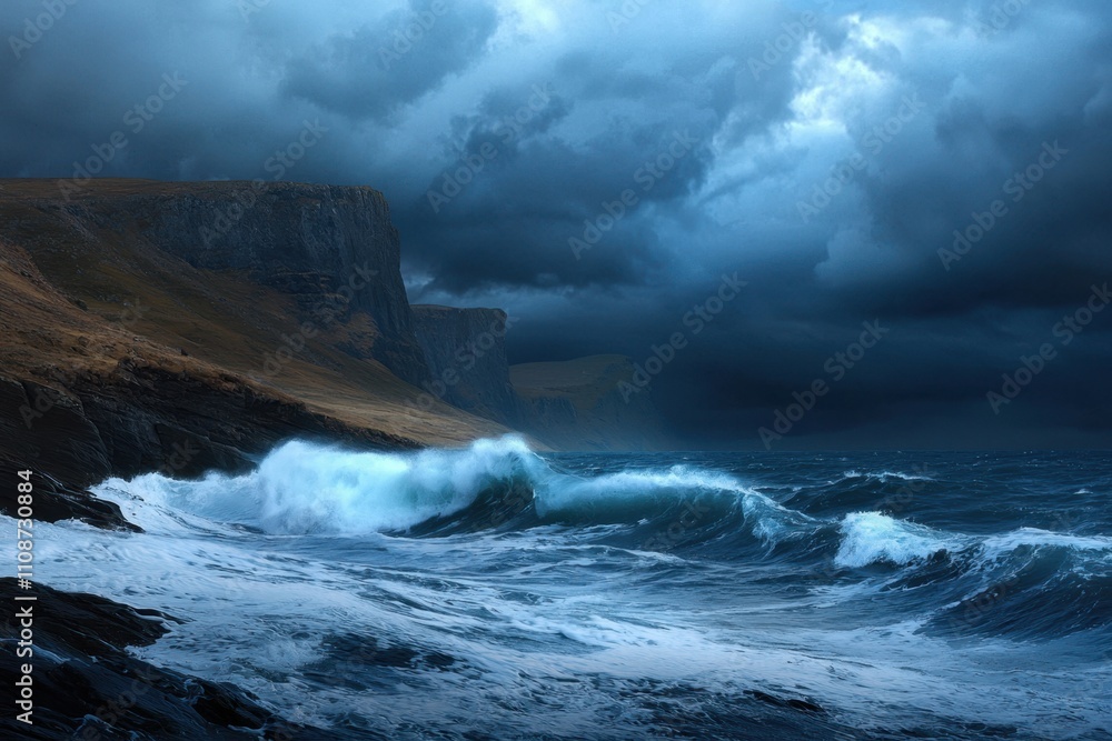 Obraz premium A stormy ocean with a large wave crashing against the shore