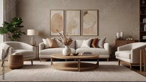 Serene Living Room with White Sectional Sofa and Chic Decor V15
