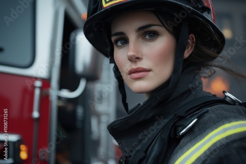 A woman in a fireman's uniform stands in front of a fire truck photo