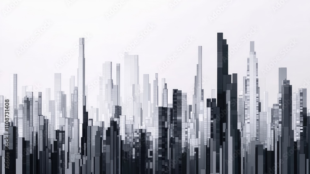Fototapeta premium An abstract pixel art representation of a city skyline, with buildings formed by blocks of various shades of grey and black