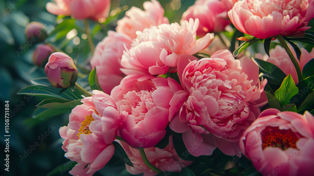 Fototapeta premium Close-up of pink peonies, showcasing beautiful fresh-cut flowers for a catalog or online store. Floral shop concept.