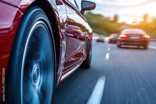 A red car is speeding down a highway with other cars in the background photo