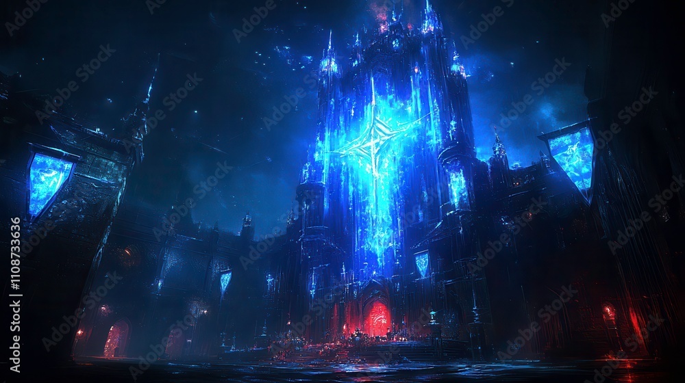 Obraz premium Majestic fantasy castle enchanted forest digital art nighttime aerial view imagination and wonder