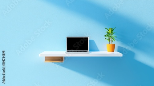 A minimalist desk built into a wall niche, featuring a laptop, a hidden compartment for storage, and a single, well placed piece of art, demonstrating a space saving and aesthetically pleasing design. photo