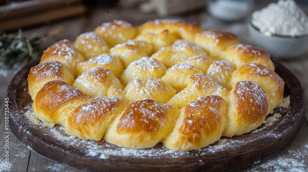 Bauernbrot is a traditional and hearty German bread, beautifully arranged on a wooden platter, dusted with flour for an inviting appearance, ideal for gatherings or cozy meals. Bauernbrot is a traditional and hearty German bread, beautifully arranged on a wooden platter, dusted with flour for an inviting appearance, ideal for gatherings or cozy meals.