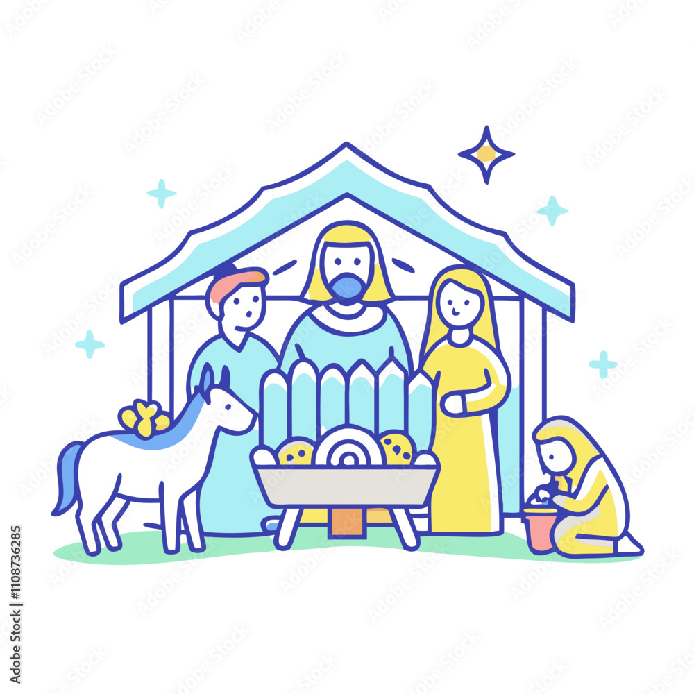 Naklejka premium nativity scene vector icon, christmas vector illustration - simple illustration of anativity scene, symbolizing holiday celebrations and festive spirit. christmas flat illustration.