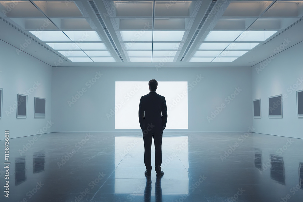 Fototapeta premium Man in suit stands alone in empty room with a single light source casting dramatic shadows, embodying solitude and mystery.