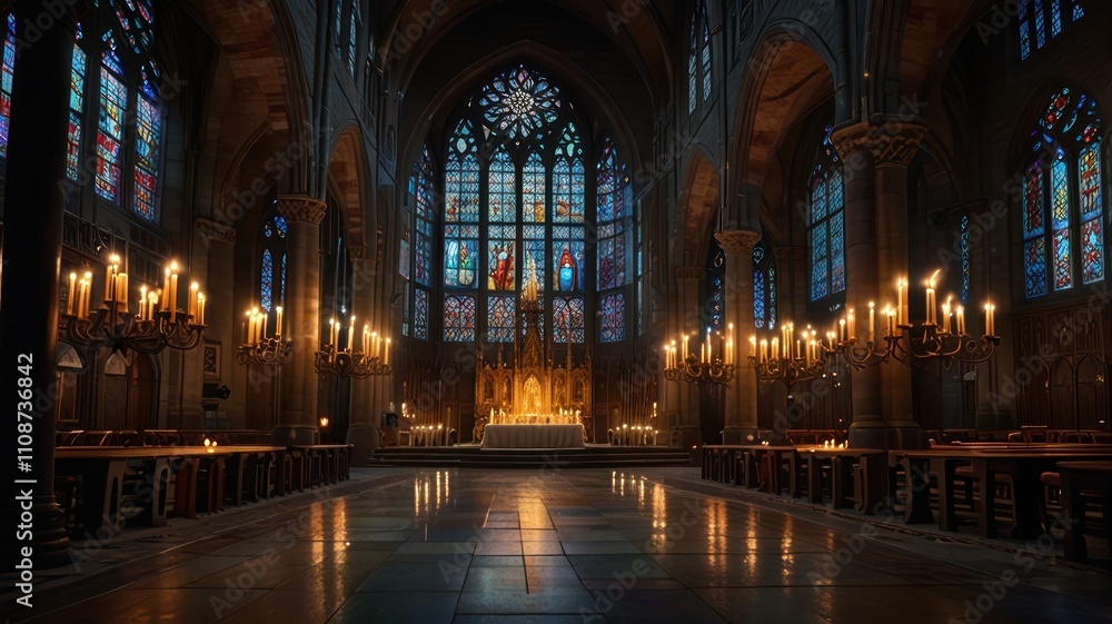 Tranquil church interior with lit candles, stained glass, and altar. Tranquil church interior with lit candles, stained glass, and altar.