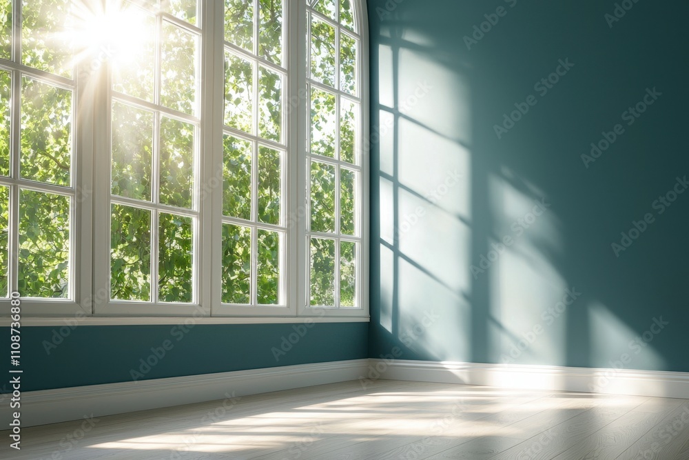 Fototapeta premium A large window in a room with a blue wall
