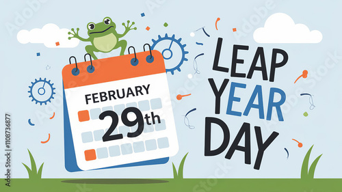 Leap Year Day lettering greeting cartoon poster with calendar page February 29th and frog, generative ai photo