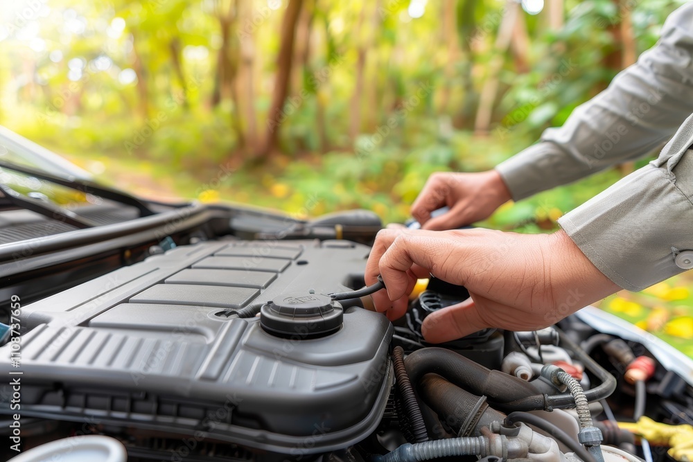 Expert mechanic delicately examines car engine with precision tools against a blurred background Expert mechanic delicately examines car engine with precision tools against a blurred background