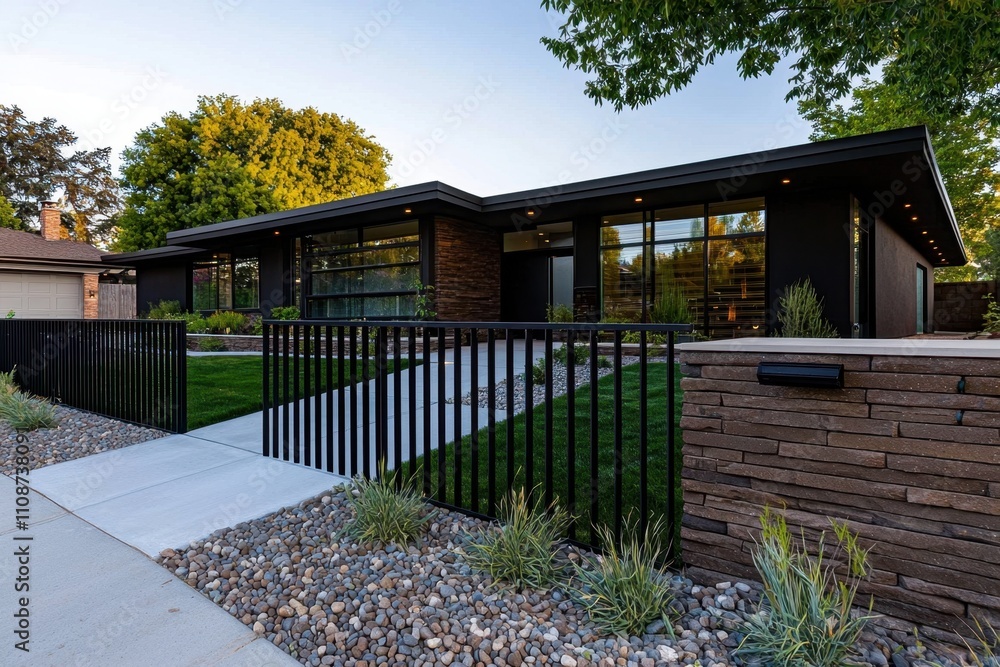 A large black house with a black fence and a white mailbox A large black house with a black fence and a white mailbox