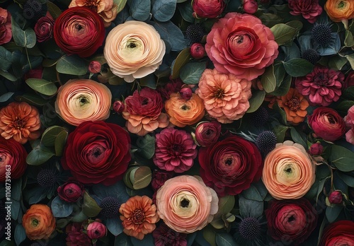 A Beautiful Array of Colorful Flowers in a Lush Garden Setting Featuring Ranunculus, Zinnia, and Seasonal Blooms Surrounded by Green Leaves