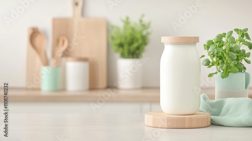 A warm and inviting kitchen setting with jars of yogurt incubating in a yogurt maker, surrounded by cozy textiles and cooking utensils, showcasing the homemade yogurt making process. photo