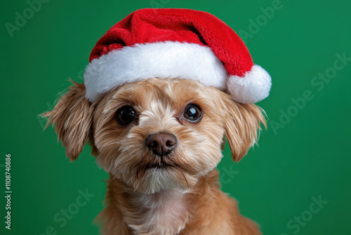 Small dog in a Santa hat, sitting under a decorated Christmas tree, with a pile of presents around. Joyful holiday scene filled with festive spirit. photo