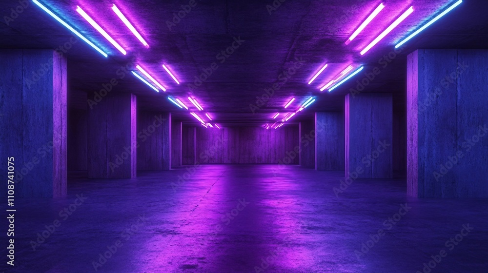 Fototapeta premium a long hallway with purple lights and no people