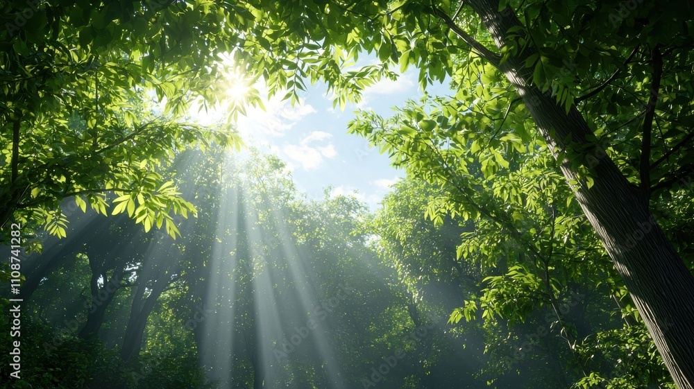 Obraz premium Tranquil Forest with Sunlight Filtering Through Green Leaves