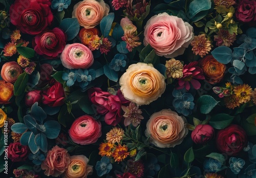 A Lush Arrangement of Colorful Flowers Featuring Ranunculus, Roses, and Diverse Blooms Against a Dark Background for a Vibrant and Elegant Display