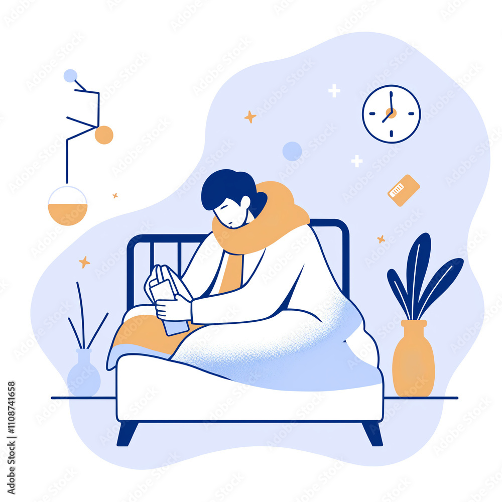 Obraz premium Sick poeple in bed or sofa, feeling unwell from seasonal allergies, cold, or flu. Rest and treatment concept. Flat cartoon illustration.