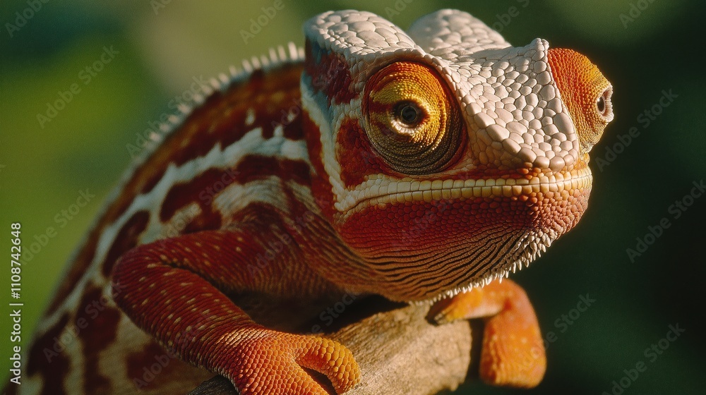 Fototapeta premium A chameleon rests calmly on a branch, showcasing its vivid colors and striking patterns. Sunlight illuminates its scales, highlighting its unique features in a lush environment.