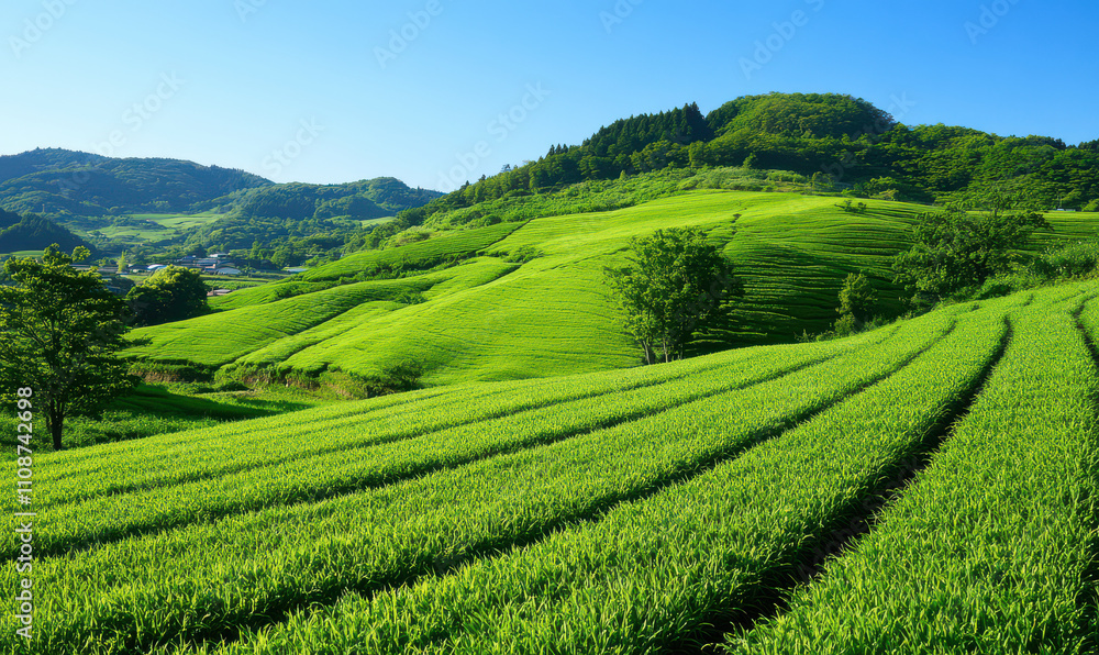 Naklejka premium Serene rolling hills, vibrant green landscape under clear blue sky. Peaceful, tranquil scene
