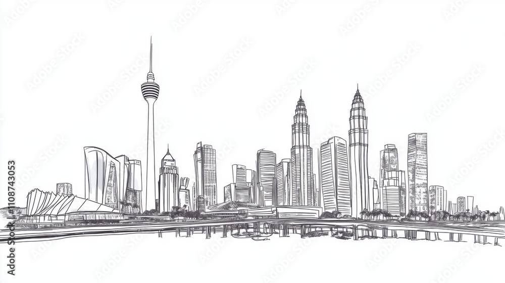 Fototapeta premium Urban Silhouette: Iconic Buildings in Single-Line Sketch