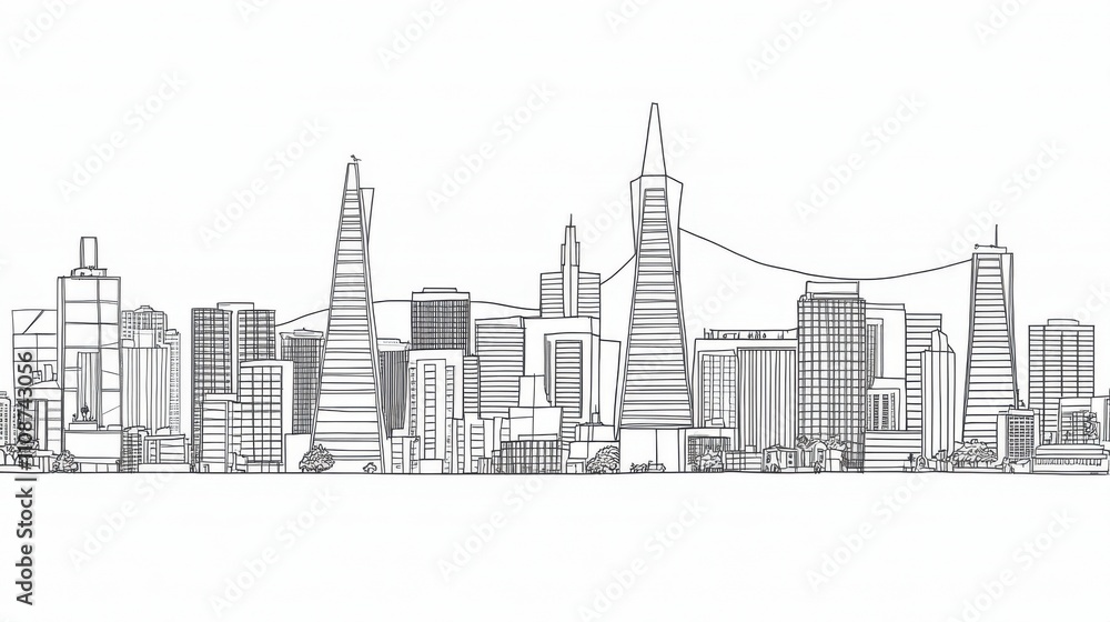 Fototapeta premium Urban Silhouette: Iconic Buildings in Single-Line Sketch