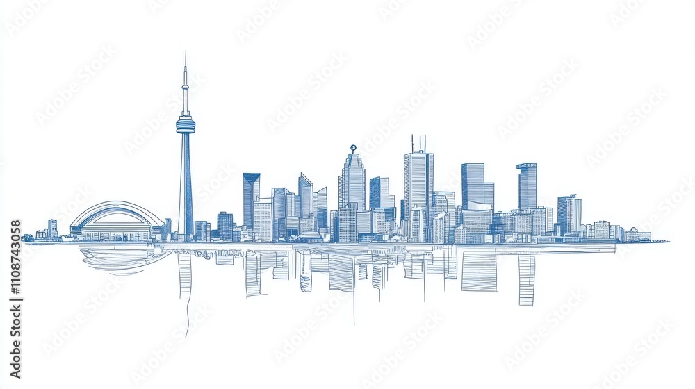 Fototapeta premium Urban Silhouette: Iconic Buildings in Single-Line Sketch