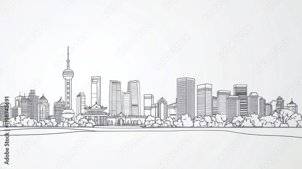 Obraz premium Urban Silhouette: Iconic Buildings in Single-Line Sketch