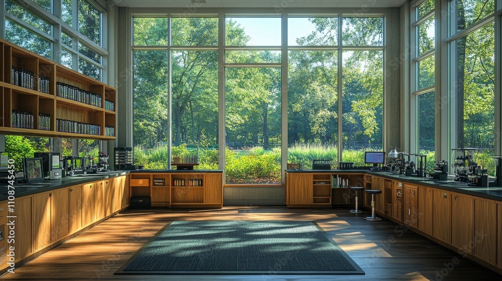 Fototapeta premium Nature study area with microscope stations and specimen displays