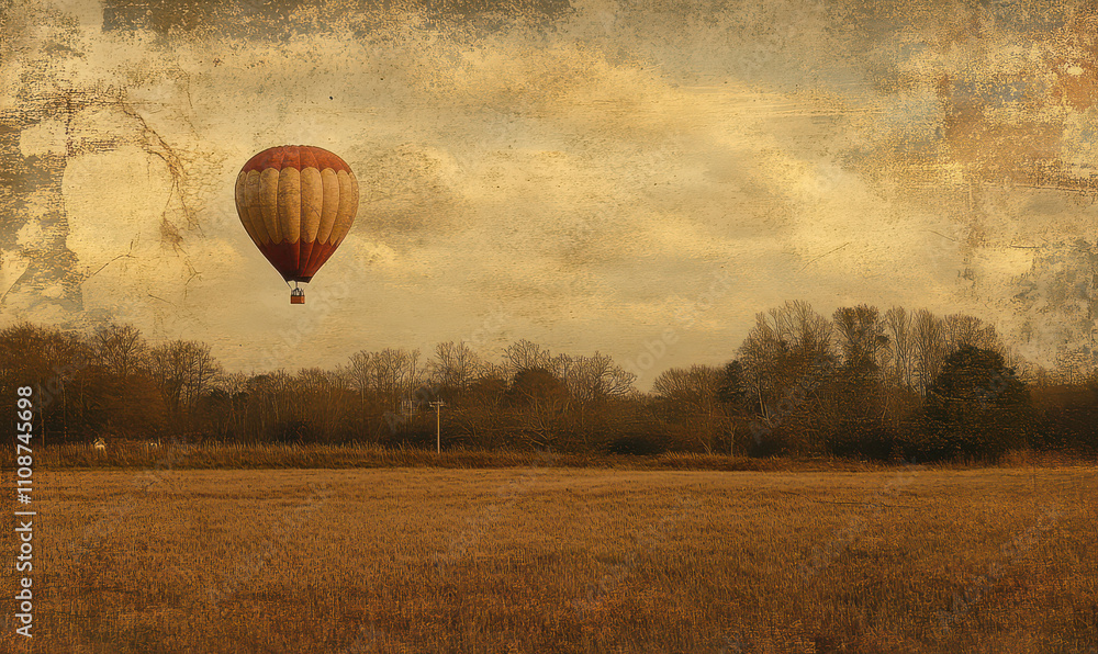 Obraz premium Serene hot air balloon floats over tranquil autumn field evokes peace and wonder