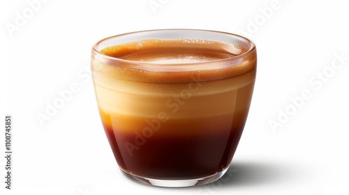 A hot espresso macchiato in a small cup, isolated on white background