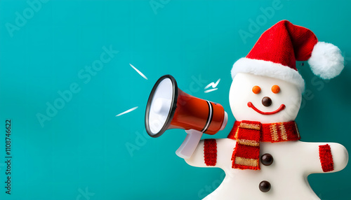 gingerbred, man, with, megaphone, copy space, new, close up, on, solid, turquoise, background, banner, christmas, merry, xmas, hat, santa, claus, 3d, decoration, cartoon, happy, fun, december,  photo