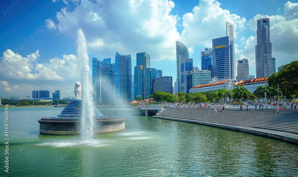 Obraz premium Serene Singapore skyline vibrant city fountain peaceful waters