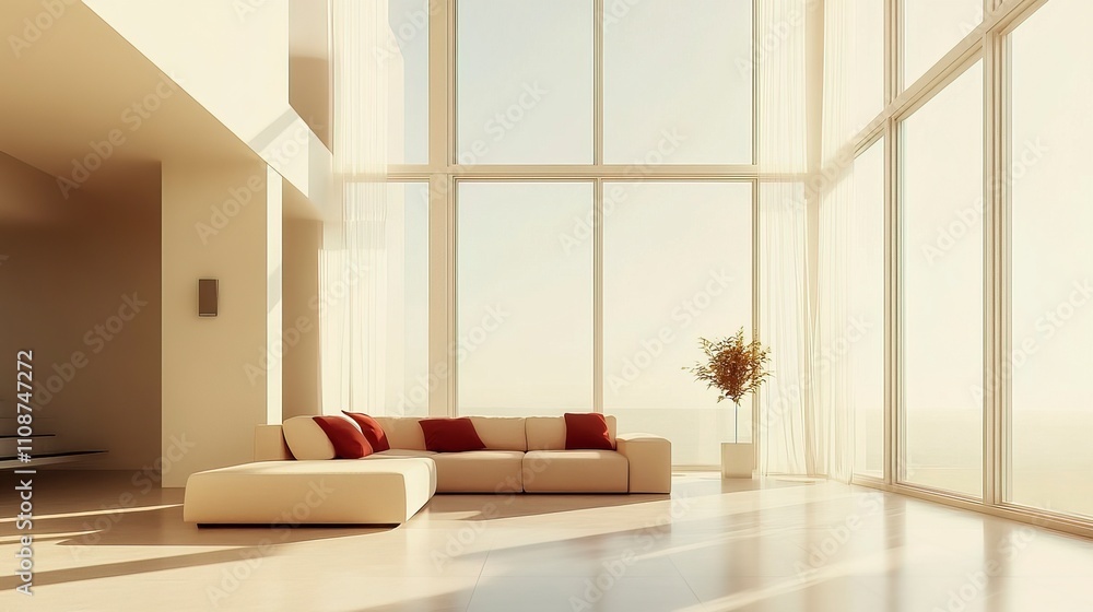 Fototapeta premium Minimalist living room interior with modern furniture and large windows, beige sofa with burgundy red accents. Ideal for interior design mockup and advertisement. 
