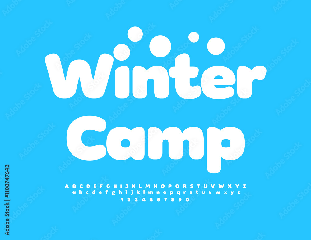 Fototapeta premium Vector creative logo Winter Camp. Classic White Font. Snowy style Alphabet Letters and Numbers set.