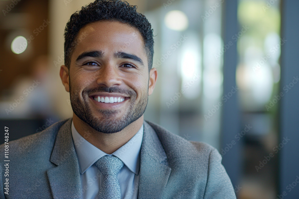 Man in suit smiling at camera, standing in a modern office with large windows, a laptop on desk, and a city skyline in the background. Man in suit smiling at camera, standing in a modern office with large windows, a laptop on desk, and a city skyline in the background.
