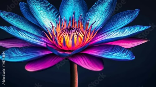 Vibrant blue lotus flower with fiery orange center on dark background
