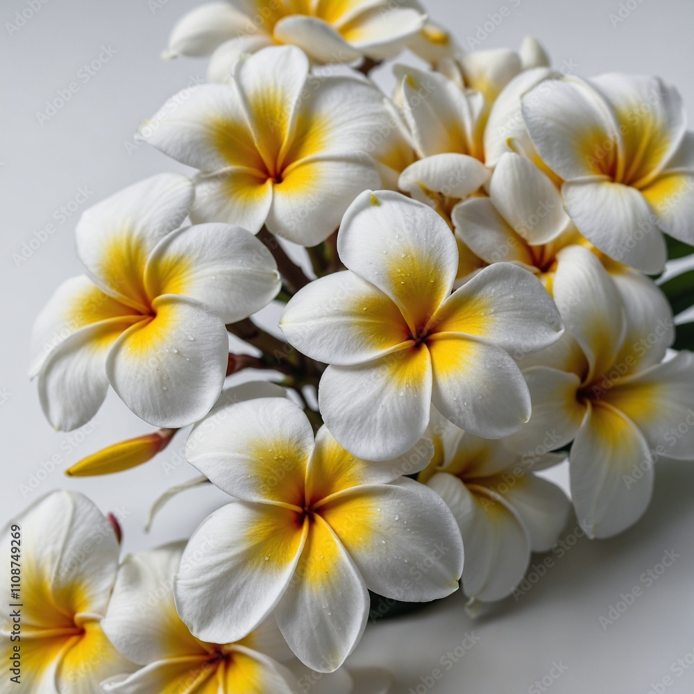 Fototapeta premium A blooming plumeria flower with white and yellow petals, against a clean white background.