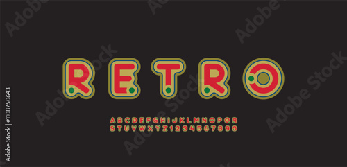 Font alphabet retro with color dots, old letters A, B, C, D, E, F, G, H, I, J, K, L, M, N, O, P, Q, R, S, T, U, V, W, X, Y, Z and numerals 0, 1, 2, 3, 4, 5, 6, 7, 8, 9, vector illustration 10EPS.