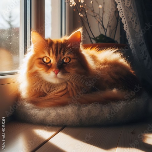 55 Sunbeam Sanctuary A cat nestled in a sunlit spot by the windo photo