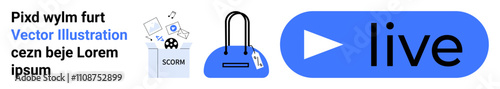 SCORM file with icons emerging, blue hanging bag, and large blue button labeled live with play symbol. Ideal for online education, e-learning platforms, webinars, live streaming, digital learning photo