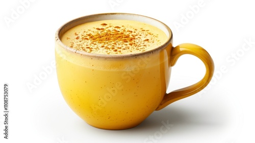 A mug of turmeric latte with frothy milk, isolated on white photo