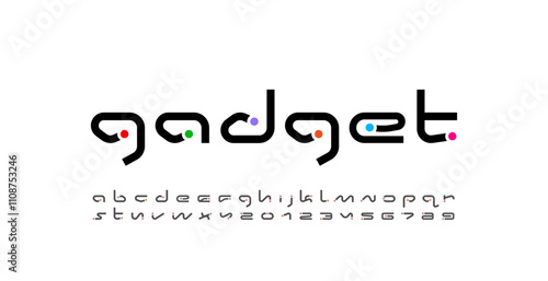 Technical wide future font, digital cyber alphabet, letters A, B, C, D, E, F, G, H, I, J, K, L, M, N, O, P, Q, R, S, T, U, V, W, X, Y, Z and numerals 0, 1, 2, 3, 4, 5, 6, 7, 8, 9