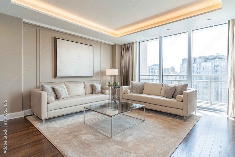 Fototapeta premium Elegant living room with neutral tones, large windows, and city view. Perfect for showcasing luxury real estate, interior design, or modern living.